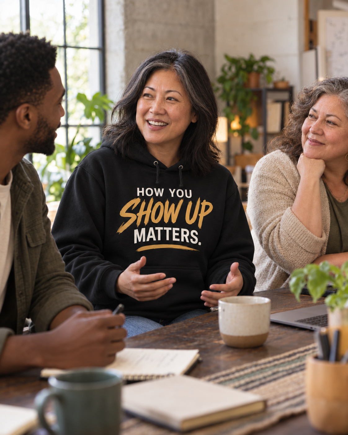 A diverse multigenerational group in conversation, with a woman wearing the How You Show Up Matters Premium Black Hoodie