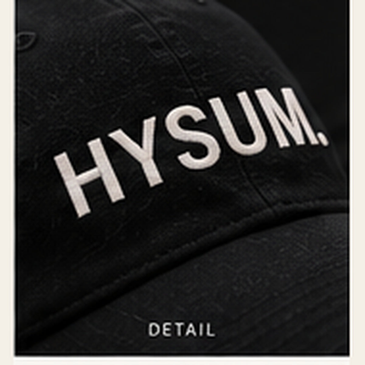 Close-up HYSUM embroidered cap detail