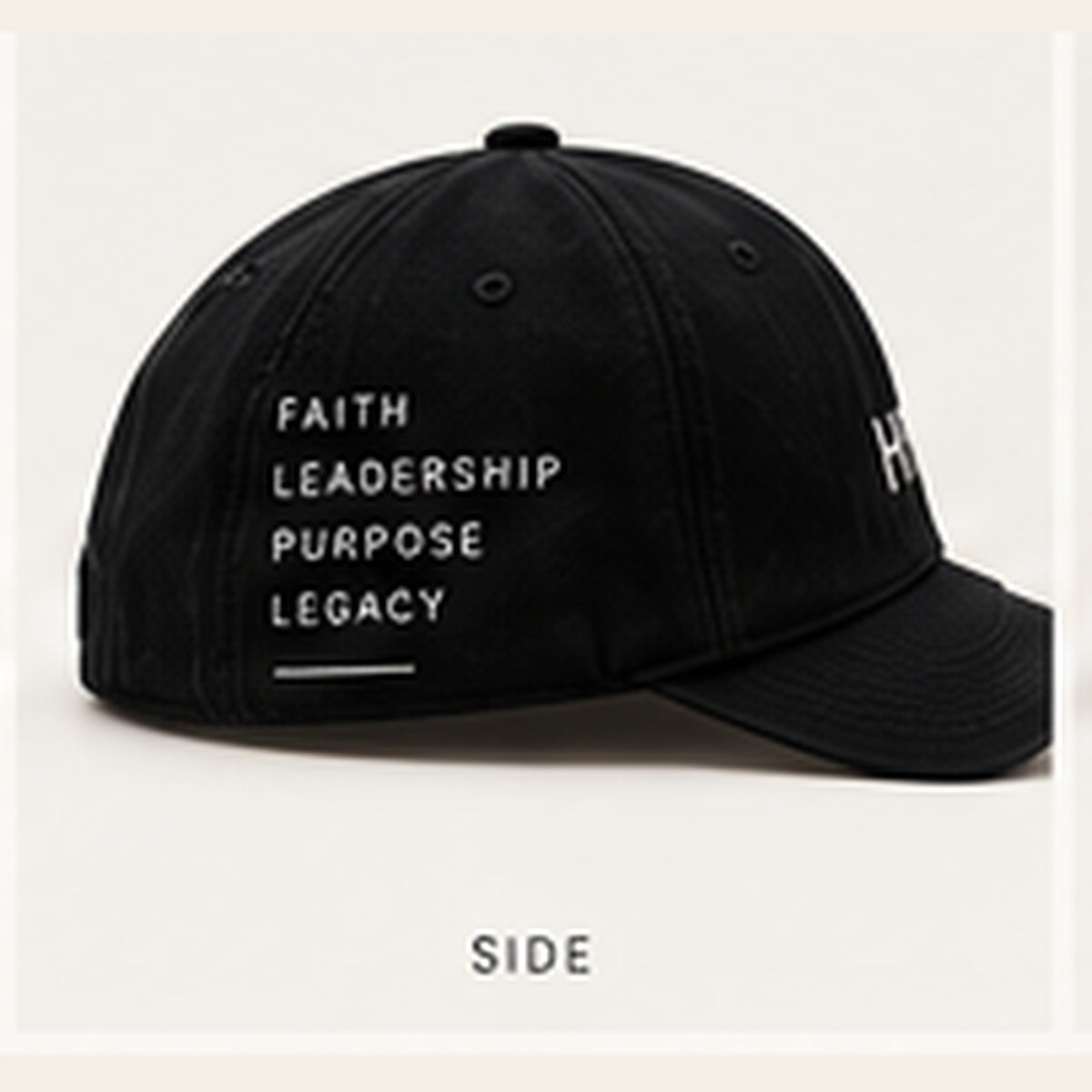 HYSUM Embroidered Cap side view with Faith Leadership Purpose Legacy detail