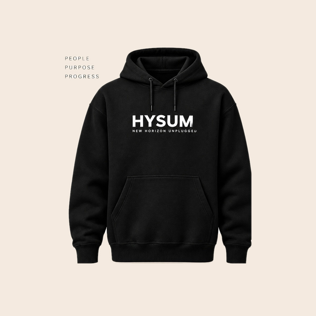 HYSUM Premium Hoodie on a warm beige studio background