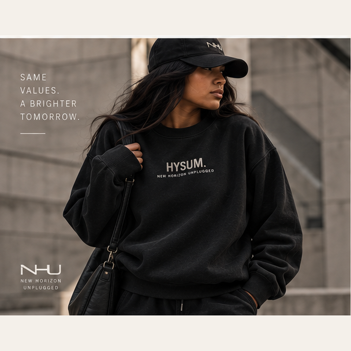 Female model wearing HYSUM sweatshirt by New Horizon Unplugged