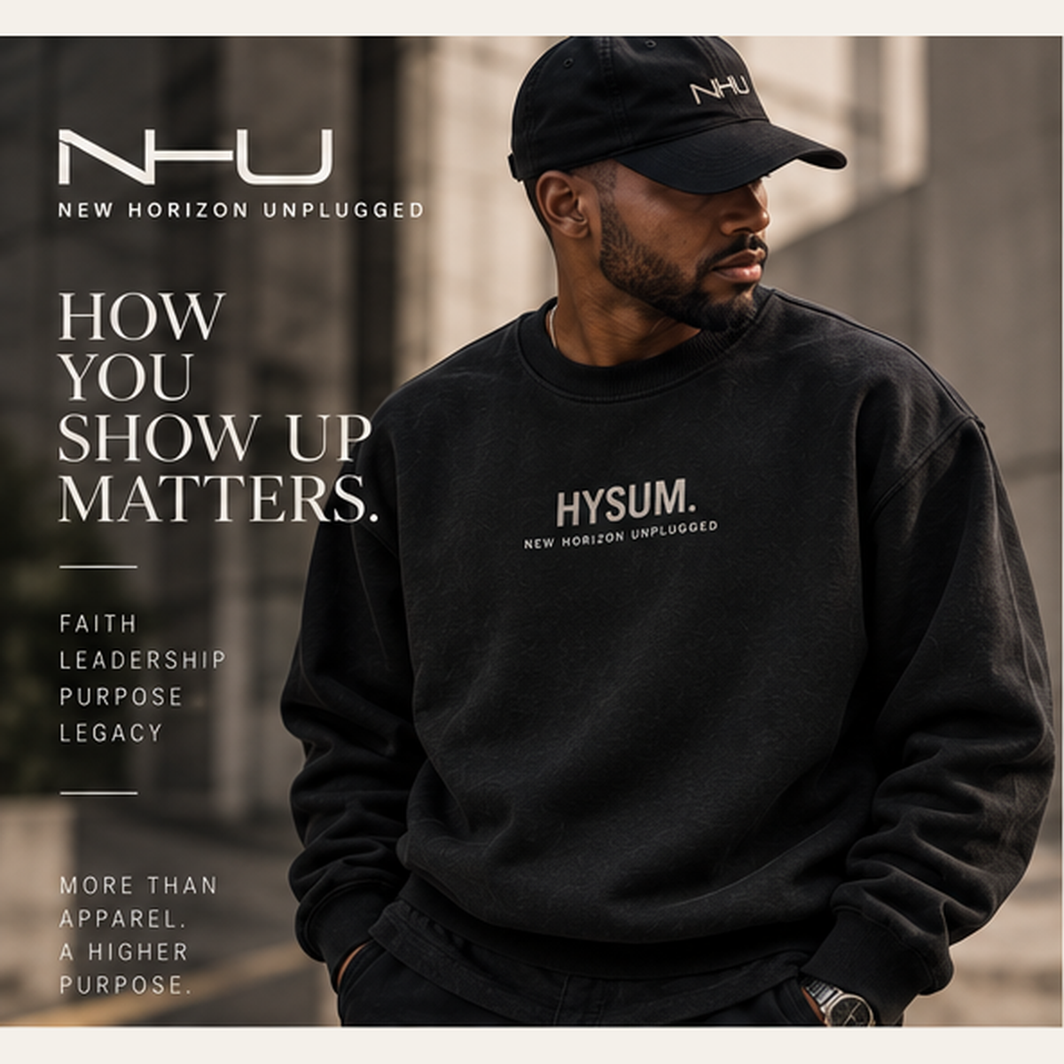 Male model wearing HYSUM sweatshirt by New Horizon Unplugged