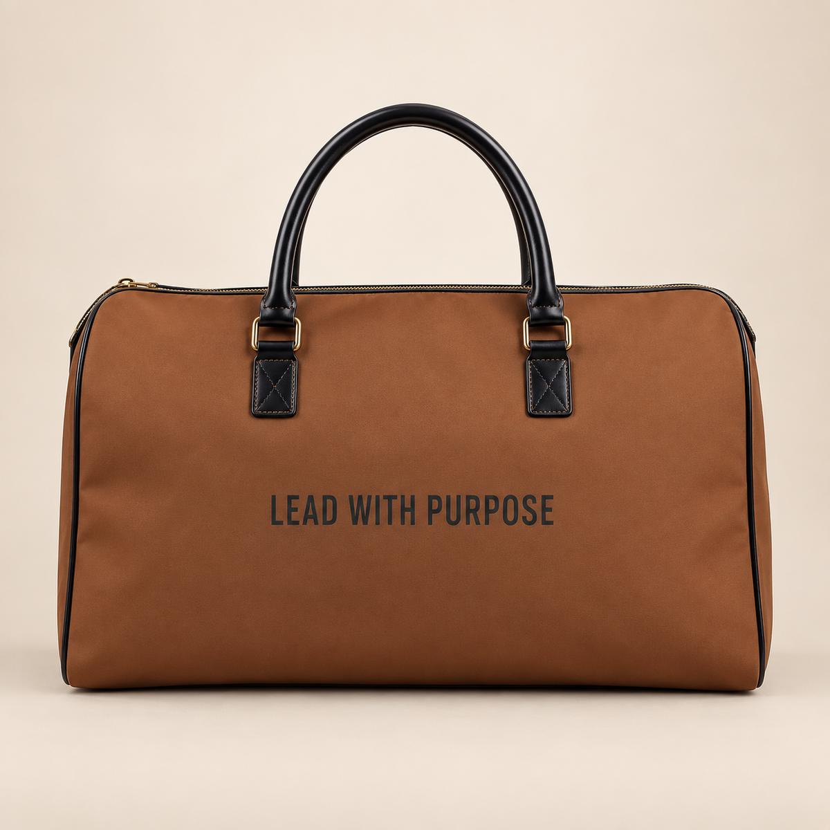 Lead With Purpose Premium Weekender Bag on a warm neutral studio background