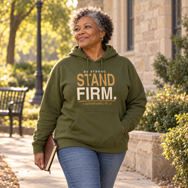A mature Black woman wearing the New Horizon Unplugged Stand Firm hoodie