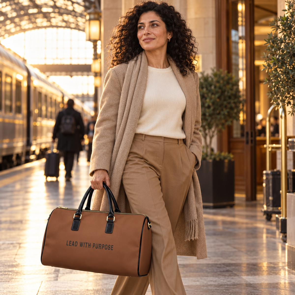 A woman carrying the New Horizon Unplugged Lead With Purpose premium weekender travel bag