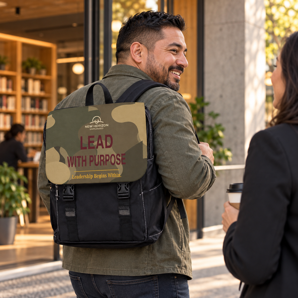 A Latino man carrying the New Horizon Unplugged Lead With Purpose camo backpack
