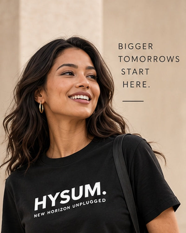 New Horizon Unplugged female model wearing black HYSUM tee with full face visible
