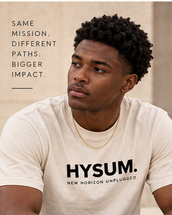 New Horizon Unplugged male model wearing bone HYSUM tee with full face visible