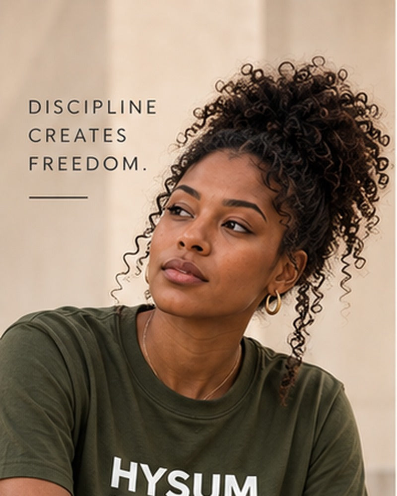 New Horizon Unplugged female model wearing olive HYSUM tee with full face visible