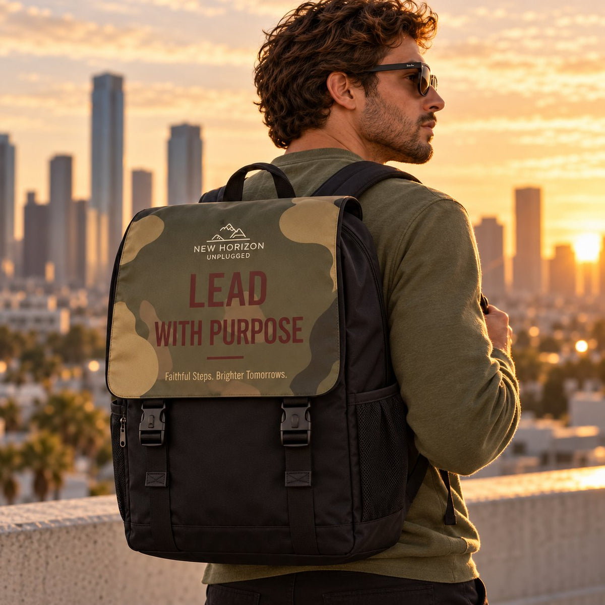 Single model carrying the New Horizon Unplugged Lead With Purpose backpack