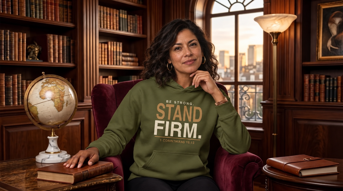 Latina woman wearing the New Horizon Unplugged Stand Firm hoodie