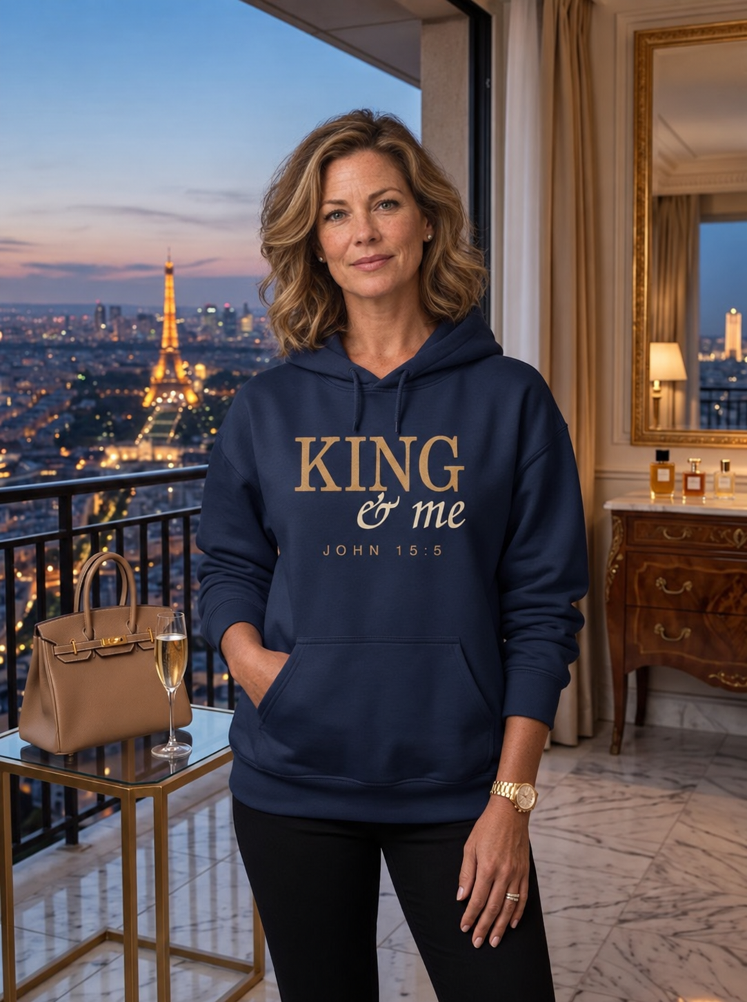 Woman wearing the New Horizon Unplugged King and Me hoodie