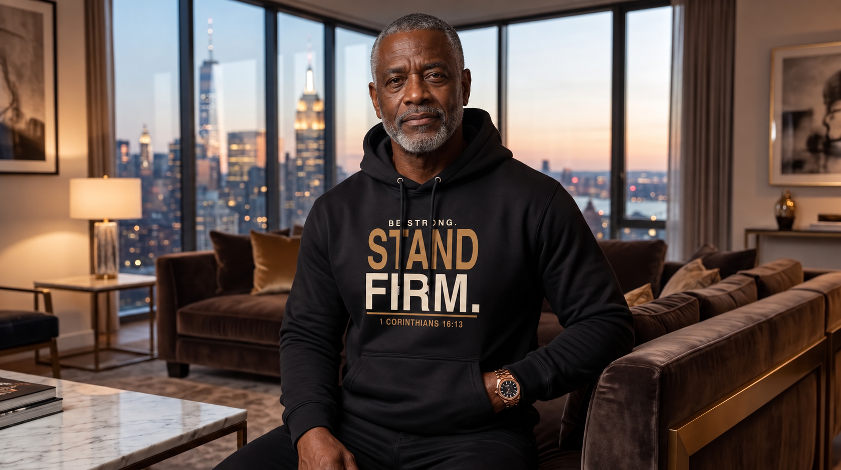 Older Black man wearing the New Horizon Unplugged Stand Firm hoodie