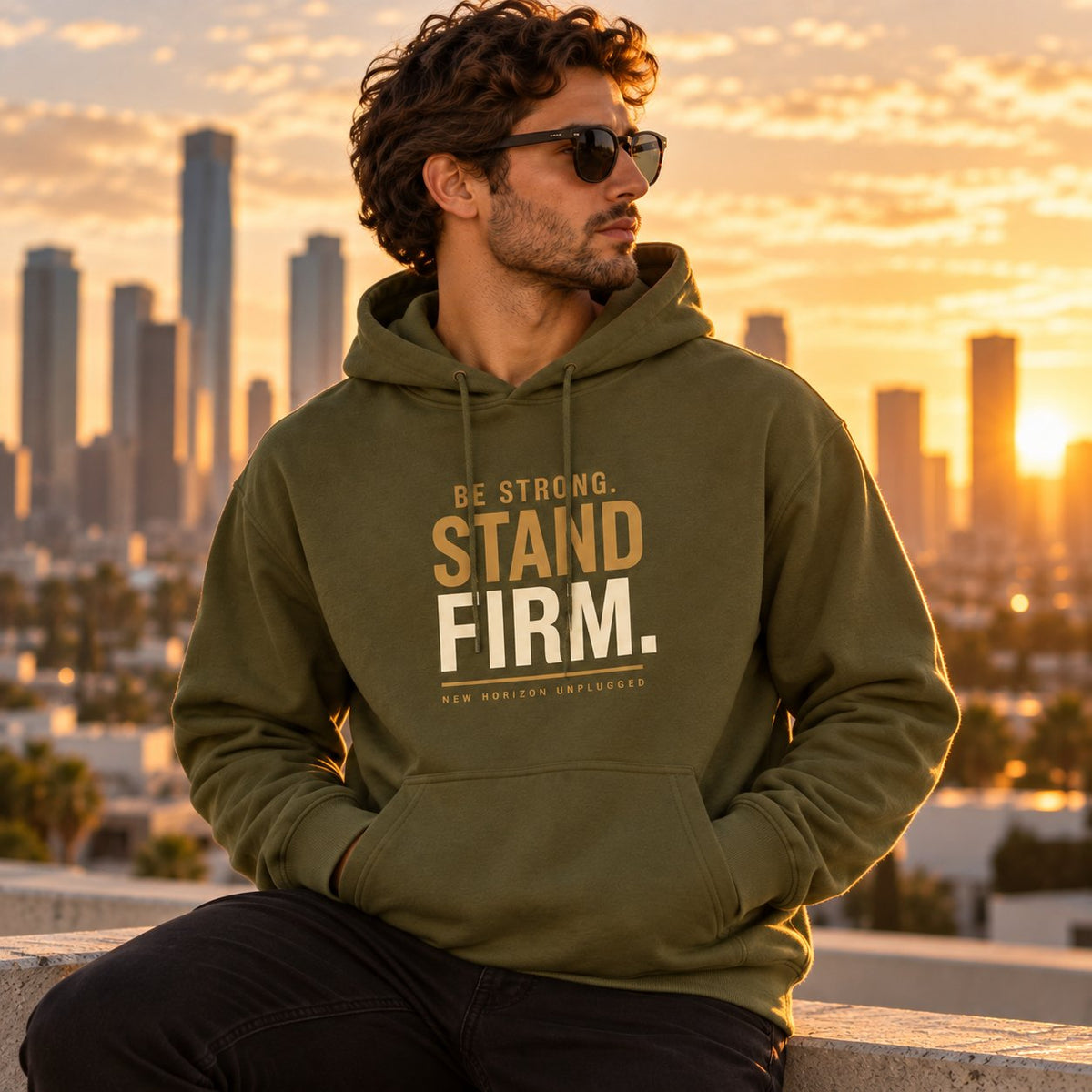 Single model wearing the New Horizon Unplugged Be Strong Stand Firm olive hoodie